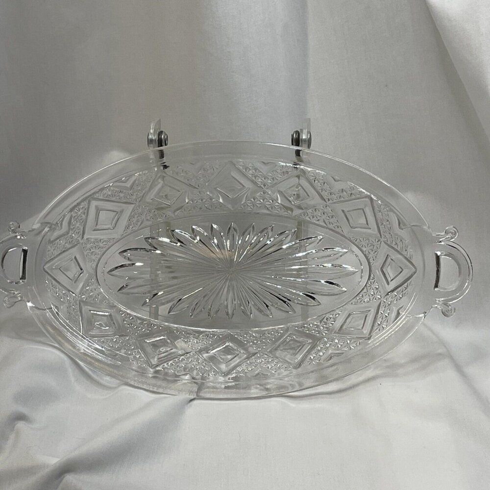 Grand Diamond Medallion 2 Handle EAPG Serving Dish Vintage Clear Glass Pickle